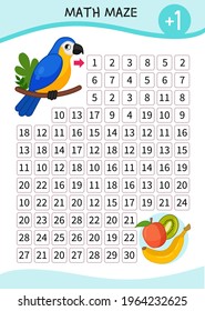 Math Maze Game For Children. Help The Parrot Get Fruit.
