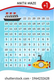 Math maze game for children. Help the submarine reach the ship.
