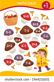 Math maze game for children. Help the girl to collect mushrooms in a basket.
