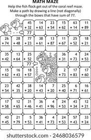 Mathe-Labyrinth. Hilf Fischherden aus dem Korallenriff-Labyrinth zu kommen. Erstellen Sie einen Pfad, indem Sie eine Linie durch die Felder mit der Summe 77 ziehen.
