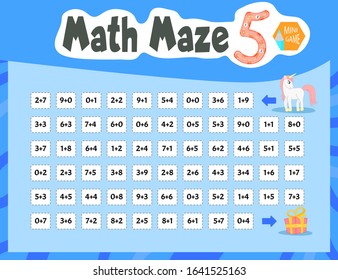 Math Maze is a mini game for children. Cartoon style. Vector illustration