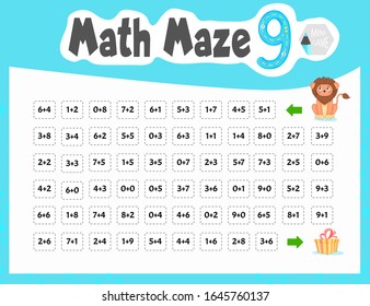 Math Maze mini game for children. Cartoon style. Vector illustration