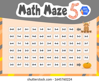 Math Maze mini game for children. Cartoon style. Vector illustration