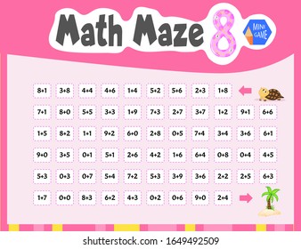 Math Maze is a mini game for children. Cartoon style. Vector illustration