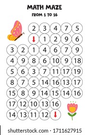 Math maze from one to 16 with cute cartoon butterfly. Educational game for kids. Help the butterfly to get to the flower.