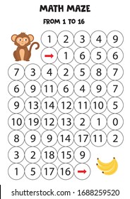 Math maze from one to sixteen with cute monkeys and bananas. Counting printable game for children.