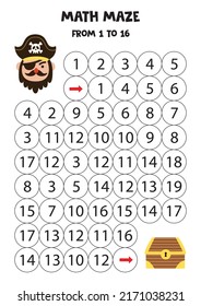 Math maze with pirate and treasure chest. Count to 16. Printable game for kids.
