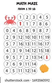 Math maze with red crab and seashell. Printable game for kids.