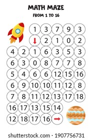Math maze with rocket and Jupiter. Count to 16. Printable game for kids.