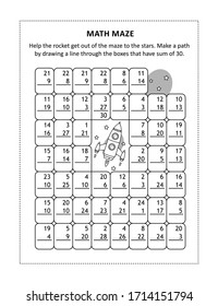 Math maze for young students to learn or reinforce addition facts up to 30: Help the rocket get out of the maze to the stars. Make a path by drawing a line through the boxes that have sum of 30.