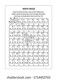 Math maze for young students to learn or reinforce multiplication facts up to100: Help the birds. Make a path by drawing a line through the boxes that have multiplication facts less than 50.
