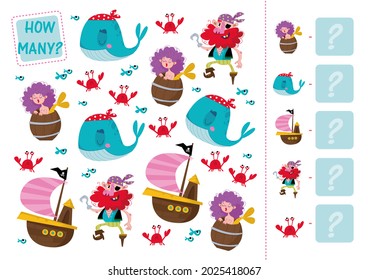 Math Mini-game With Pirate, Mermaid And Ship. Count How Many Characters And Boats Are Shown And Enter In The Example Box. Vector Illustration Of Education For Preschool Children