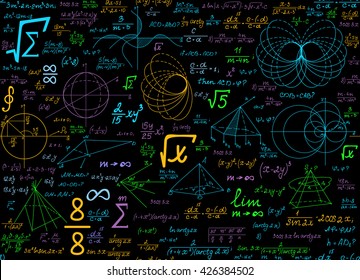 Math multicolored vector seamless pattern with geometrical plots, formulas and calculations. Education colorful endless texture. You can use any color of background