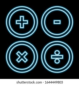 Íconos de neón matemático. Icono vectorial azul.Botón Web con símbolos matemáticos. Formas redondeadas sobre fondo oscuro. 10 pasos