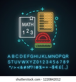 Math neon light concept icon. Mathematics and geometry idea. School subject. Education. Learning process. Glowing sign with alphabet, numbers and symbols. Vector isolated illustration