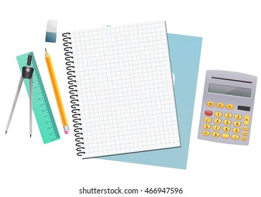 math notebook sheet paper background with ruler, pencil, eraser and calculator. vector