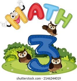 Math number 3 with three owls illustration