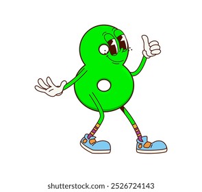 math number eight cartoon groovy character. Isolated vector cheerful and curvy numeral 8 with googly eyes and friendly smile. Green playful personage adds charm to arithmetic and mathematics learning