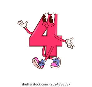 Math number four groovy character. Isolated cartoon vector whimsical funny digit 4 personage with googly eyes and limbs. Hilarious pink numeric symbol brings laughter to equations and education