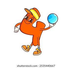 Math number four groovy funny character on fitness. Kids education number, math numeric symbol or mathematics digit 4 funny vector personage. Kids education number groovy character playing volleyball