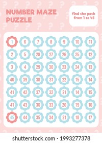 Math number maze puzzle. Printable math worksheet page. Easy colorful math worksheet practice for kids in preschool, elementary and middle school.