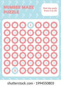 Math number maze puzzle. Printable math worksheet page. Easy colorful math worksheet practice for kids in preschool, elementary and middle school.