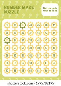 Math number maze puzzle. Printable math worksheet page. Easy colorful math worksheet practice for kids in preschool, elementary and middle school.