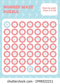 Math number maze puzzle. Printable math worksheet page. Easy colorful math worksheet practice for kids in preschool, elementary and middle school.