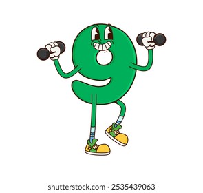 Math number nine groovy cute character on fitness. Kids education digit 9 happy retro vector personage, mathematics number or school math numeric symbol groovy character doing exercise with dumbbells