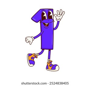 Math number one groovy character. Cartoon cute funny digit wearing retro sneakers. Isolated vector playful 1 numeral math personage exudes positivity, waving it hand with quirky and endearing vibes