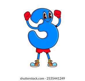 Matemáticas número tres carácter groovy en la aptitud. Personaje de Vector feliz de la historieta del dígito de las matemáticas, número numérico de la escuela del símbolo de la educación de los niños, dígito 3 lindo personaje groovy que lleva guantes de boxeo