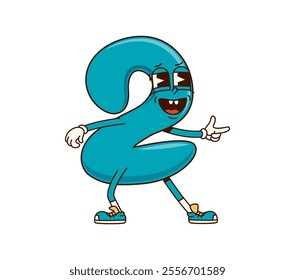 Math number Two groovy character in retro cartoon, vector comic numeral. Groovy number 2 Two with funky face and silly smile or laughing for psychedelic cartoon mathematics numeral character