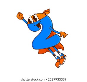 Math number two superhero groovy character flying to save the world with raised fist and happy smile. Isolated cartoon vector educational 2 digit defender personage for kids fun games and learning