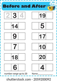 A math number worksheet illustration. Before and after numbers. Animal cards.