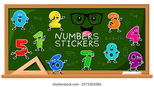 Math numbers and digit characters stickers pack on school blackboard. Vector set of learning patches with cartoon educational numeral personages on green classroom chalkboard with chalk and protractor