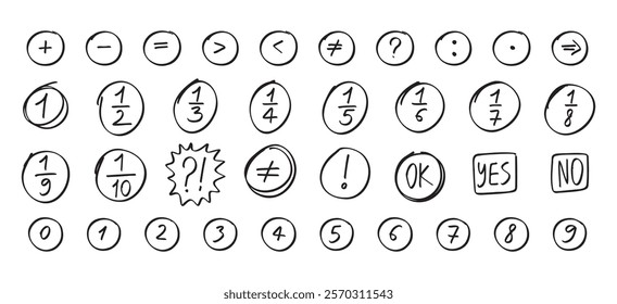 math numbers doodle hand drawn icon. Outline drawing math numbers and fractions in mathematics line clipart symbol. Vector illustration