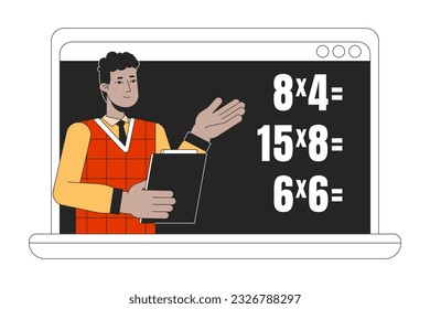 Math online lesson on laptop flat line color vector character. Editable outline half body of man explains math on white. Education character simple cartoon spot illustration for web graphic design