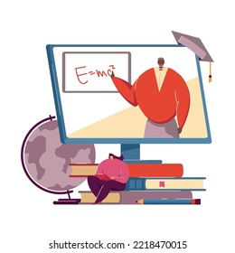 Math online, watching lecture or webinar on computer. Teacher giving video lesson. Vector illustration for distance education, internet course concept