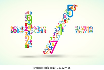 Math operations addition, subtraction and dividing,  from rainbow colored numbers  vector font 