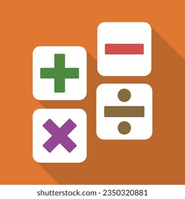Mathe-Operationen Addition, Subtraktion, Multiplikation, Division flaches Symbol mit langem Schatten. Mathesymbole Symbol Symbol Piktogramm Vektorgrafik. Schulfach, Berechnung, Formel, Mathematik-Konzept