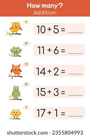 Mathematik-Seite druckbar für Schulkinder, erste Klasse, Vorschule. Addition, Subtraktion, mathematische Spiele für den Kindergarten. Lehrerressourcen, Schulunterricht, pädagogische Zwecke. Math-Arbeitsblatt
