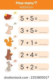 Mathematik-Seite druckbar für Schulkinder, erste Klasse, Vorschule. Addition, Subtraktion, nützliche mathematische Spiele für den Kindergarten. Lehrerressourcen, Schulunterricht, pädagogische Zwecke. Math-Arbeitsblatt