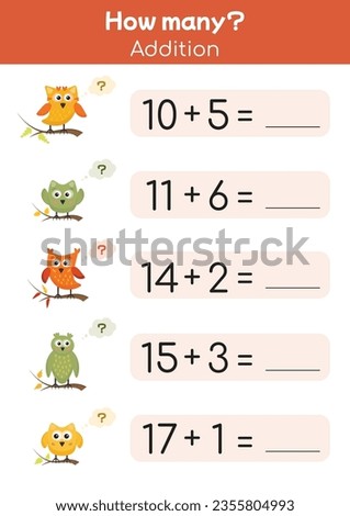 Math page printable for school children, first grade, preschool. Addition, subtraction, mathematical games for kindergarten. Teacher resources, homeschooling, pedagogic purposes. Math worksheet
