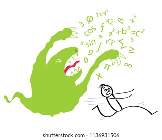 Math phobia, math anxiety, funny green cartoon monster spewing numbers chasing student isolated on white background