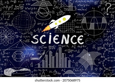 Math and physics scientific vector seamless pattern with handwritten figures, rocket image and the word "Science"