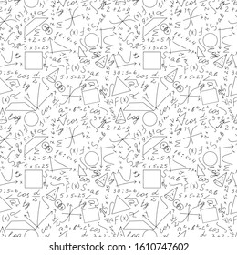 Math, physics seamless pattern on white background. Mathematical formulas, hand drawing line. Doodles. School records. Suitable for fabric and scrapbooking. Vector illustration