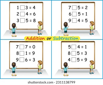 Hoja de trabajo de actividad imprimible matemática para niños. Desarrollar habilidades de aritmética. Rango de números hasta 9. Adición o sustracción. Ilustración vectorial.