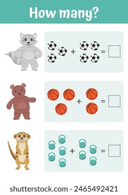 Math printable educational worksheet. Addition mathematic tasks, how many, counting. Educational games for preschoolers and kindergarten. Easy level. Learning mathematic pages, teacher resources.