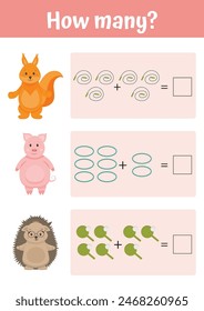 Math printable educational worksheet. Addition mathematic tasks, how many, counting. Educational games for preschoolers and kindergarten. Easy level. Learning mathematic pages, teacher resources.