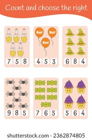 Math printable educational worksheet. Halloween mathematic, how many, counting. Educational games for preschoolers and kindergarten. Learning mathematic pages, teacher resources.